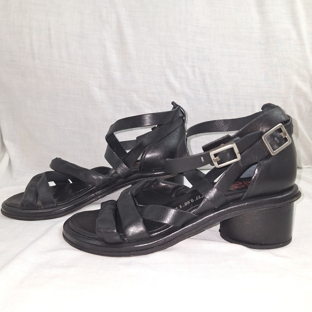 Y2K Whimsigoth 90s A.S.98 Black Size 37 Strappy Leather Block Heel Sandals (6.5)
